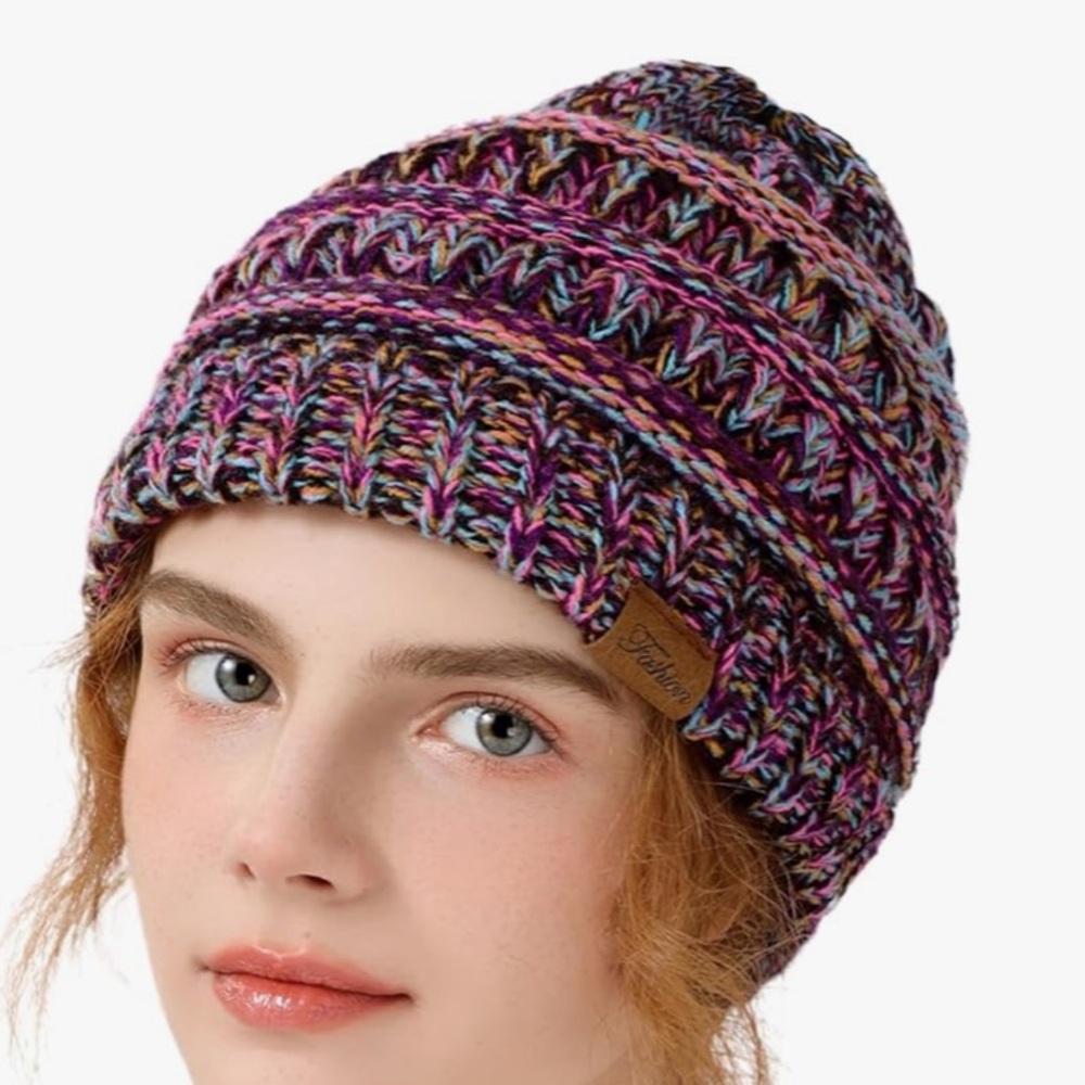 Clothirily Beanie Soft & Warm Winter Hat stretch pink/brown/blue/green 9x9” flat